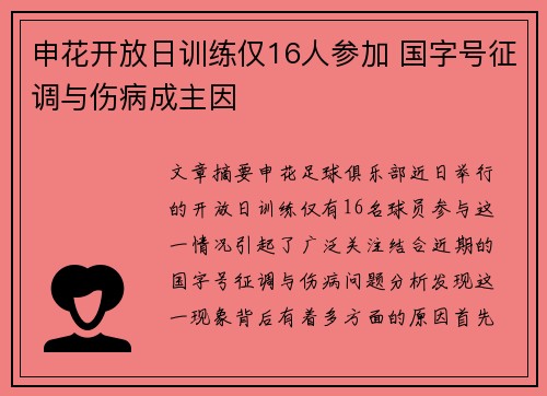 申花开放日训练仅16人参加 国字号征调与伤病成主因