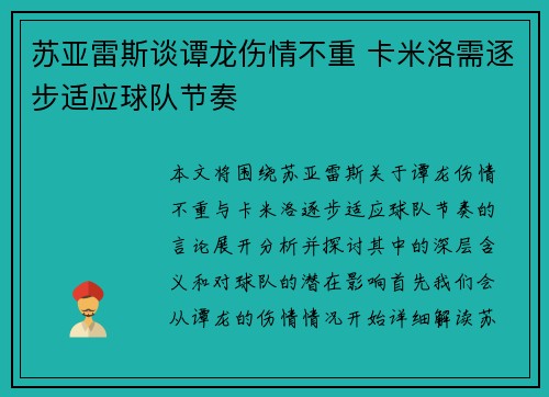 苏亚雷斯谈谭龙伤情不重 卡米洛需逐步适应球队节奏