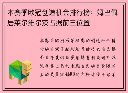 本赛季欧冠创造机会排行榜：姆巴佩居莱尔维尔茨占据前三位置